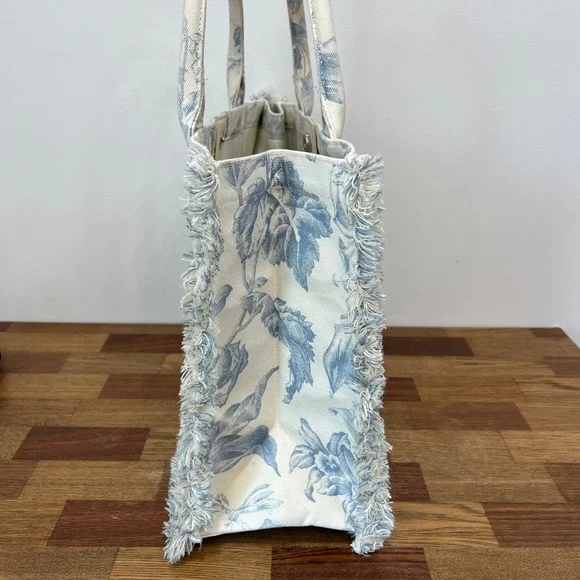 SANDRO Kabash Blue Floral Tote Bag Purse Fringe Hem Large Travel Canvas Designer - Picture 4 of 12